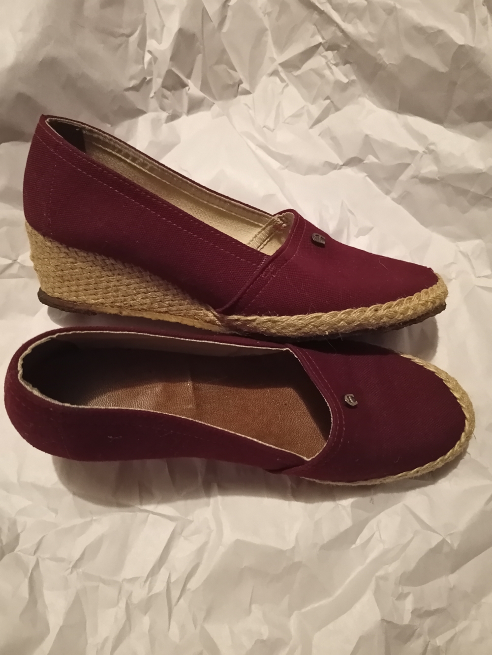 Vintage Etienne Aigner Burgundy Canvas Espadrille Wedge Shoes Women’s 7.5B